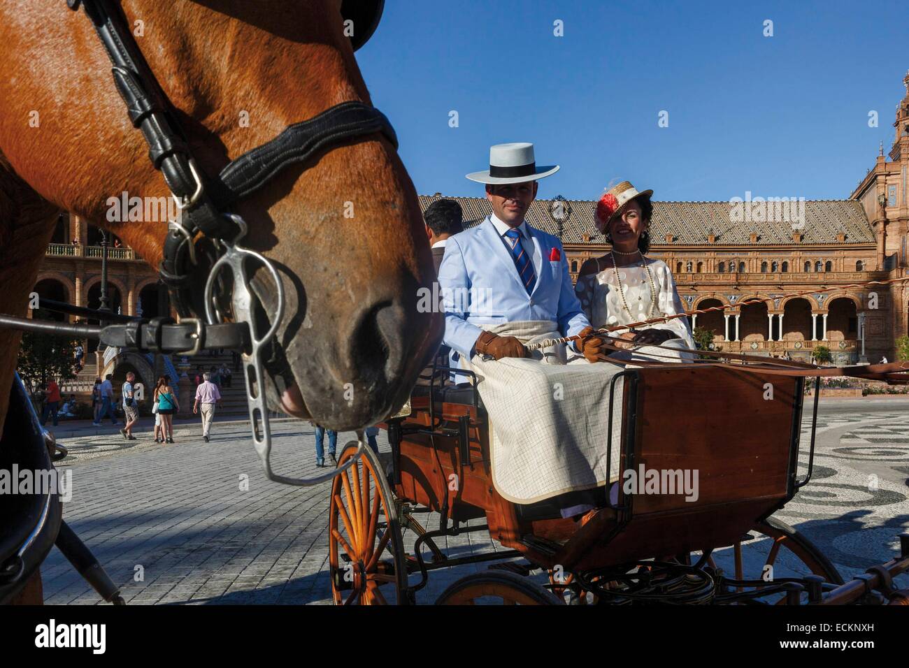 Spagna, Andalusia, Siviglia, luogo di Spagna, Esposizione Universale del 1929, World Expo, andalusa tradizionale sfilata folcloristica di carrelli Foto Stock