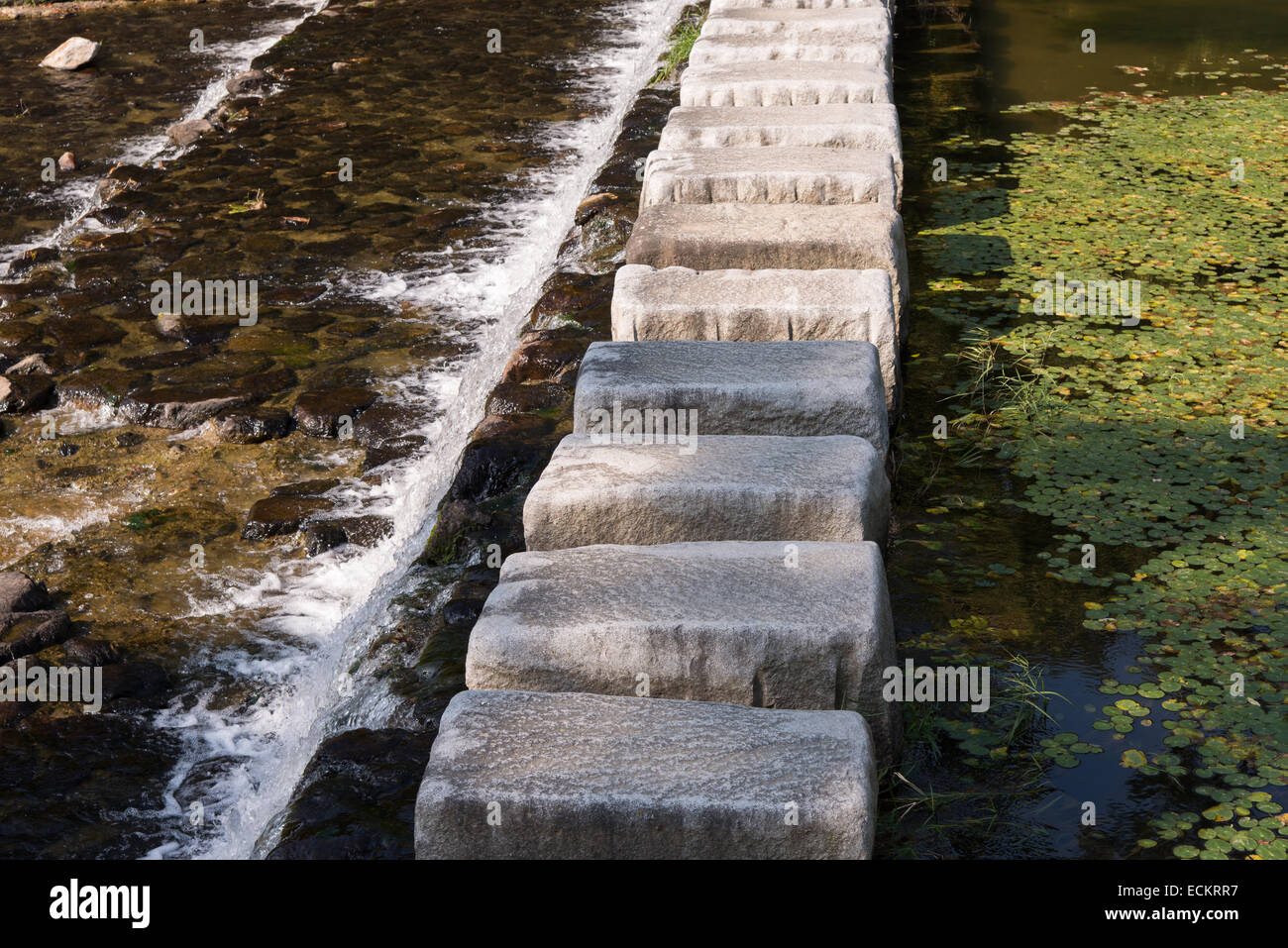 Pietre miliari attraversare un flusso in esterni Foto Stock