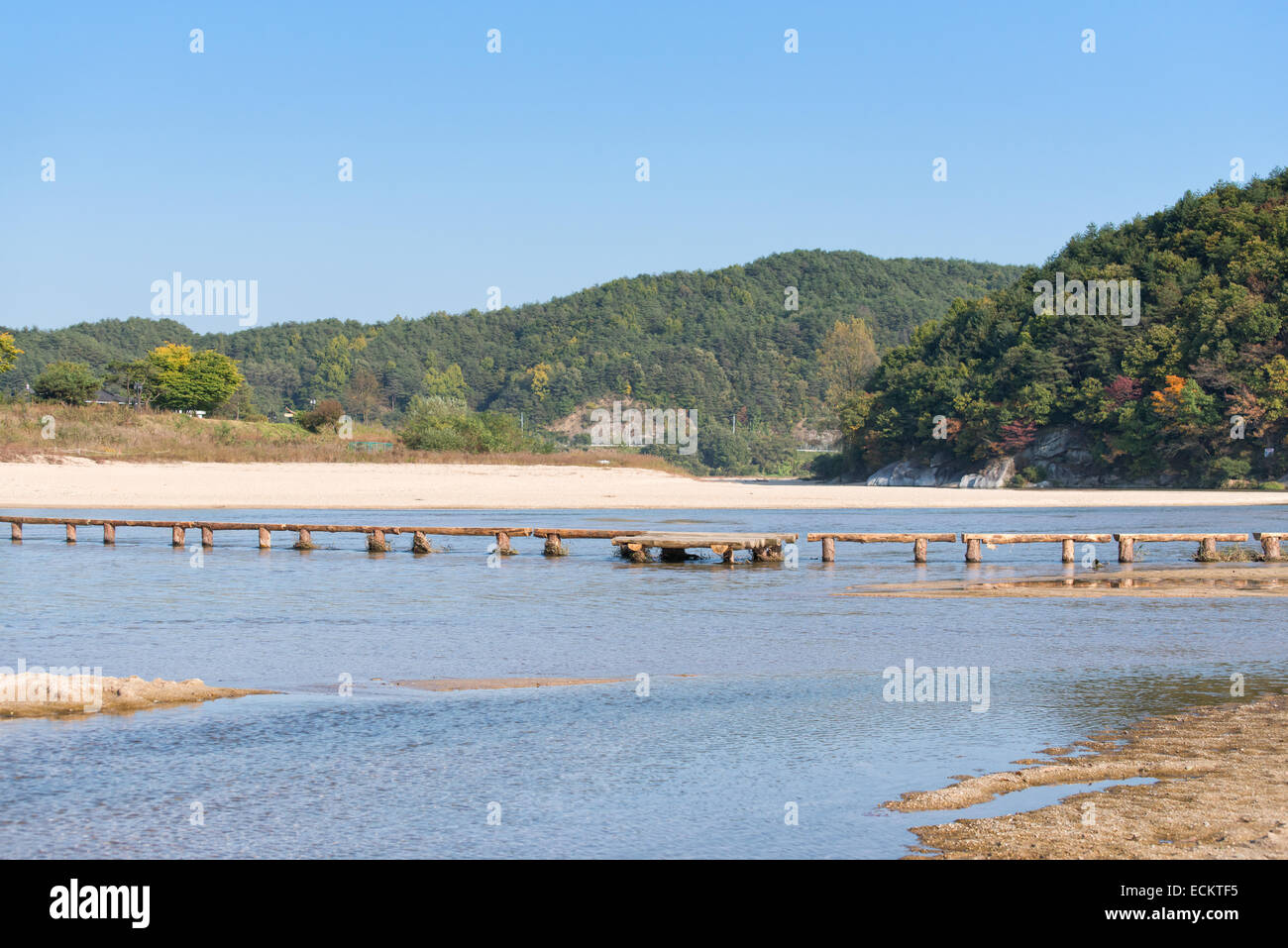 Singola corsia log ponte su un fiume poco profondo nel villaggio Museom, Yeongju, Corea. Foto Stock