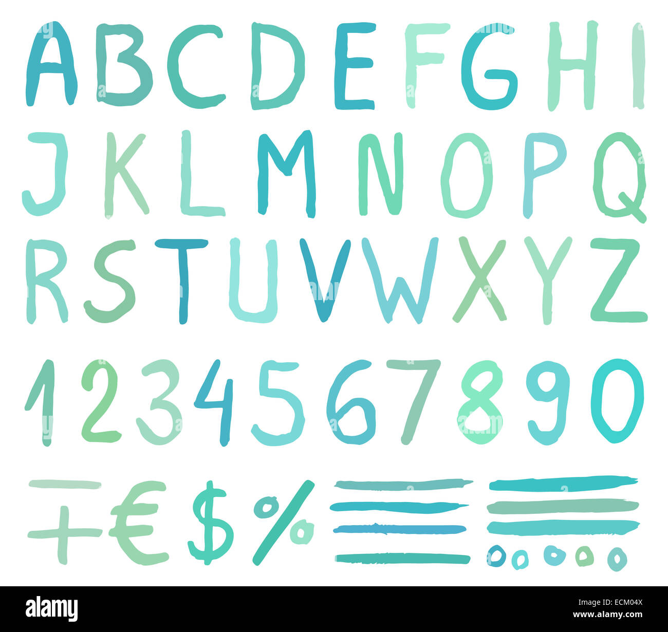 Acquerello blu alfabeto lettere con dei numeri, simboli Foto Stock