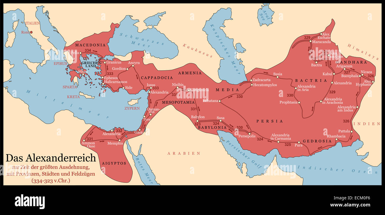 L'impero di Alessandro il Grande una conquista il suo corso dalla Grecia in India a Babilonia nel 334-323 A.C. Etichettatura in tedesco! Foto Stock