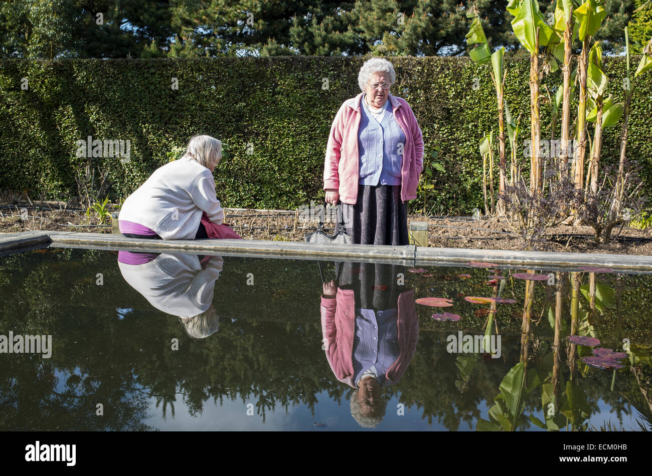 Due vecchie signore dal Laghetto ornamentale in giardini Foto Stock