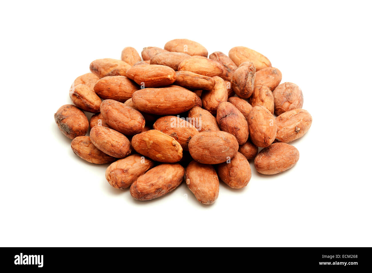 Le fave di cacao su sfondo bianco Foto Stock