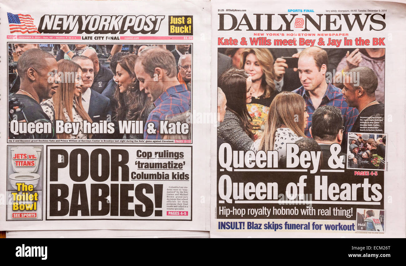 Pagine anteriori su Martedì, 9 dicembre, 2014 del New York Daily News e il New York Post impiego simile notizia alla relazione su la sera precedente la visita di il Duca e la Duchessa di Cambridge per il Barclays Center di Brooklyn per guardare una partita di basket durante la loro visita reale a New York. Mentre vi royal cupel sono stati accolti da Beyonce e Jay-z. (© Richard B. Levine) Foto Stock