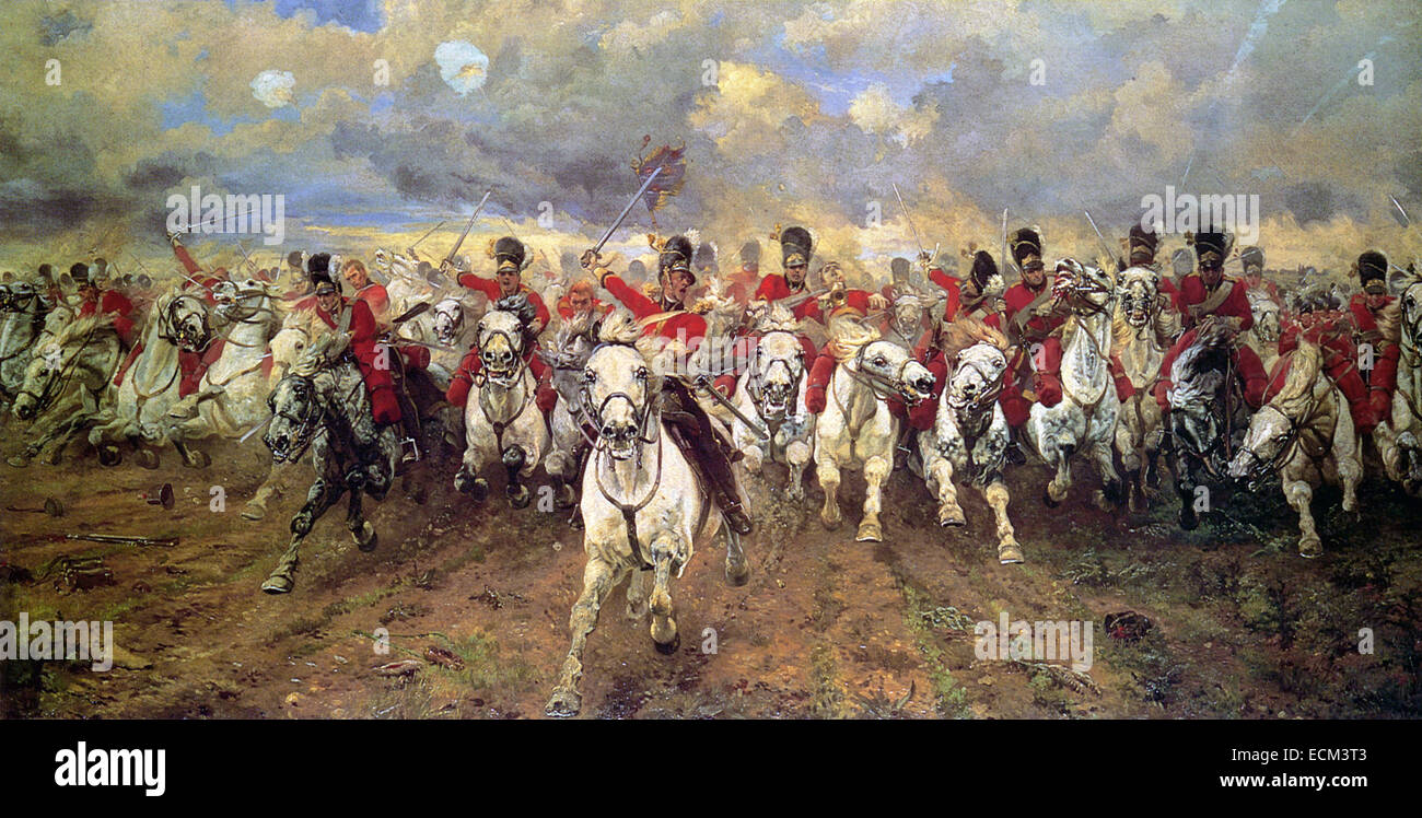 'SCOTLAND FOREVER' Elizabeth Thompson,Lady Butler's 1881 pittura della carica del Royal Scots grigi nella battaglia di Waterloo nel 1815 Foto Stock