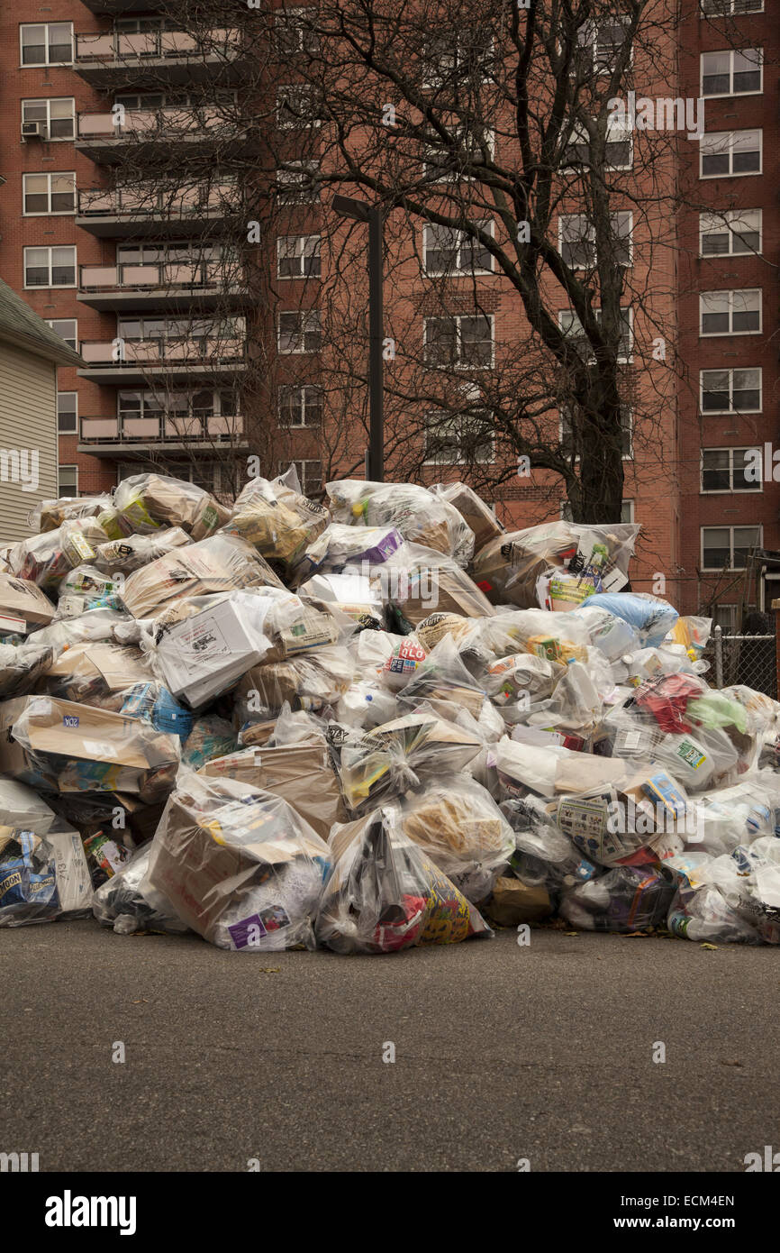 Cumuli di rifiuti riciclabili da solo un edificio di appartamenti per una settimana a Brooklyn, New York. Foto Stock