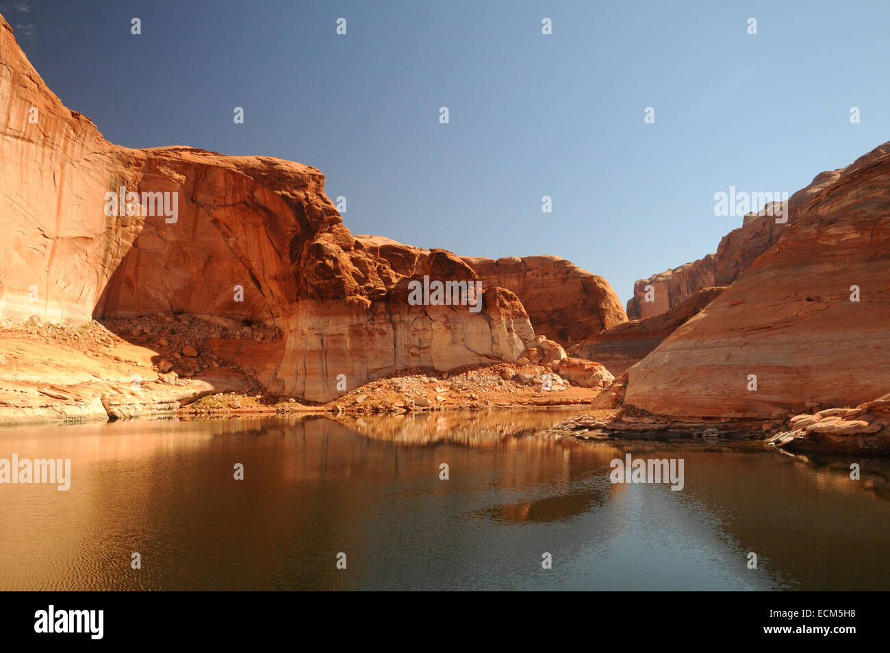 Le enormi pareti di pietra arenaria che racchiude il lago Powell in Utah e Arizona desert potenziata da un basso sole autunnale. Foto Stock