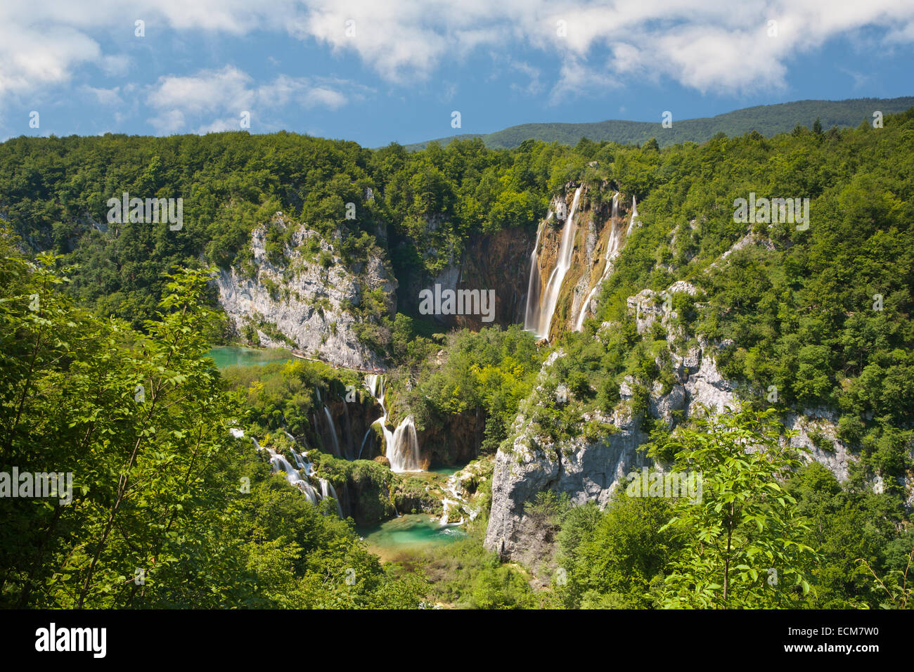 La grande cascata nel Parco Nazionale dei Laghi di Plitvice, Croazia Foto Stock