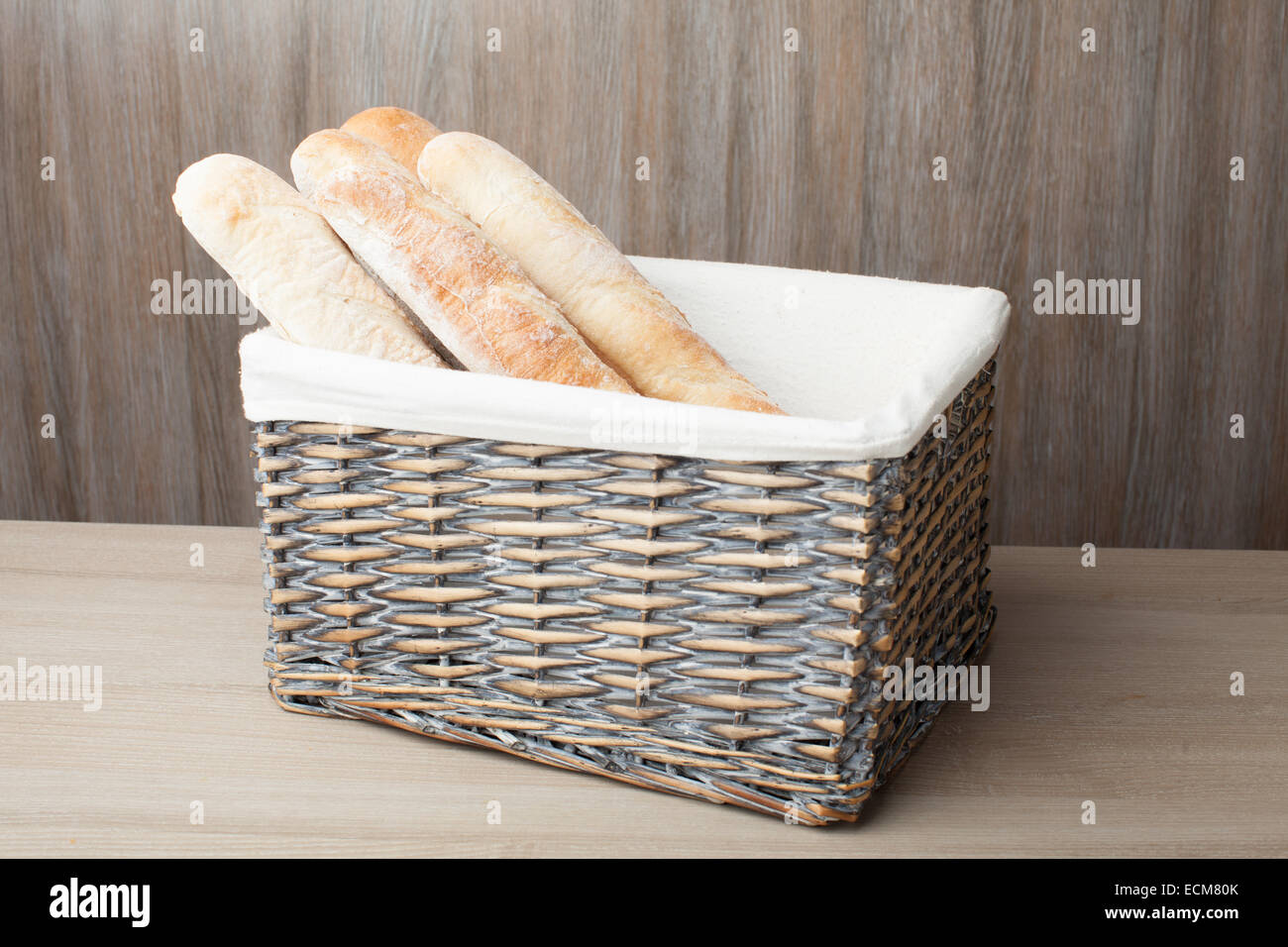 Pila di tradizionale fresco di forno pane francese polpettine baguette servita nel cesto tessuto su sfondo di legno Foto Stock