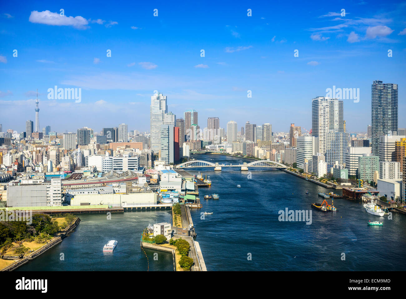 Tokyo, Giappone skyline della città sul fiume Sumida. Foto Stock