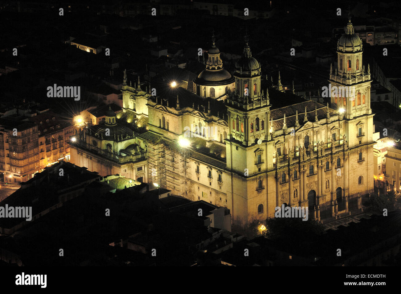 Cattedrale di notte, vista da Santa Catalina il Castello, Jaen, Andalusia, Spagna, Europa Foto Stock