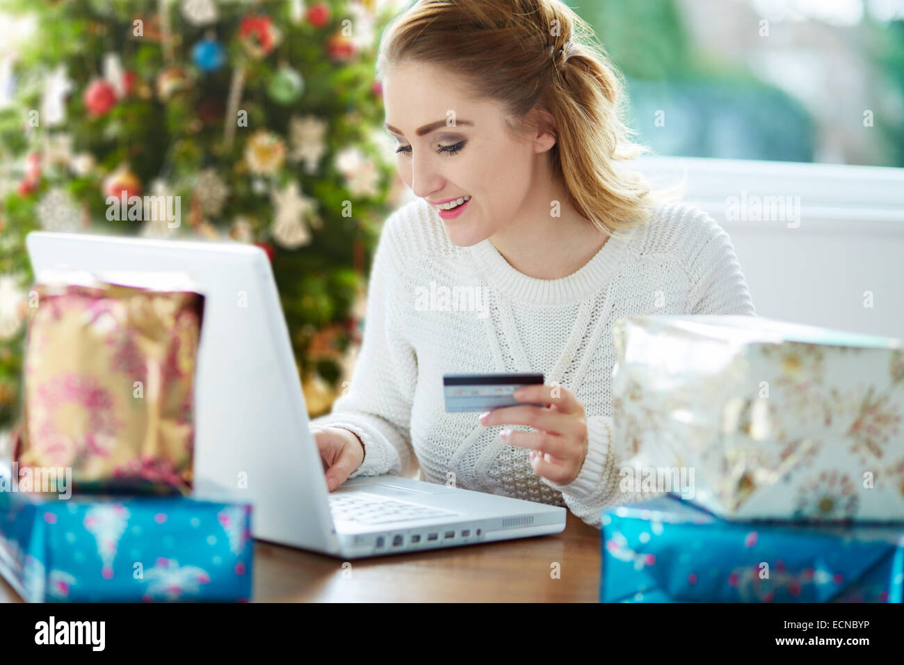 Donna shopping online a Natale Foto Stock