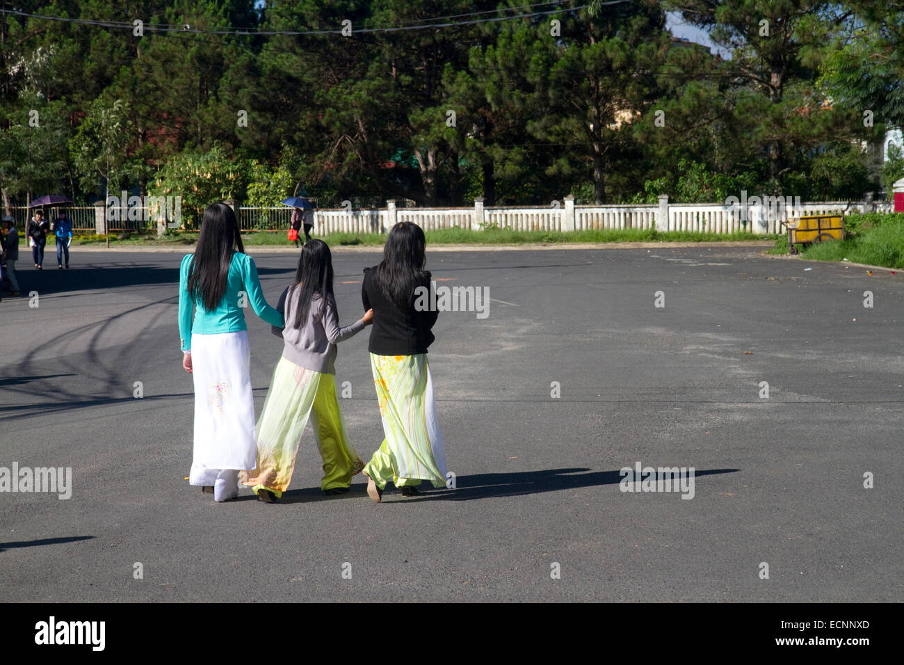 Studenti vietnamiti a camminare in abito tradizionale in Da Lat, Vietnam. Foto Stock
