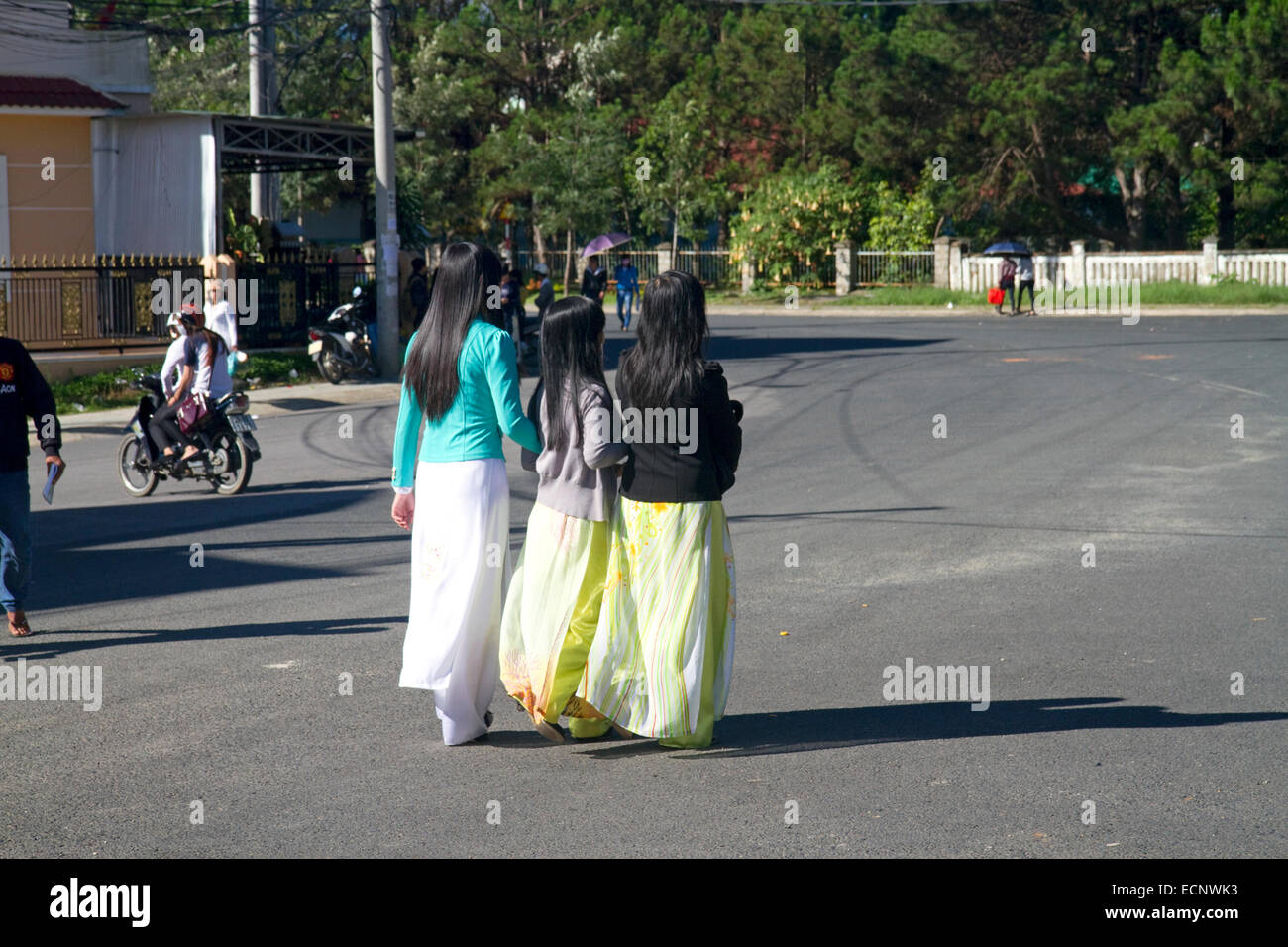Studenti vietnamiti a camminare in abito tradizionale in Da Lat, Vietnam. Foto Stock