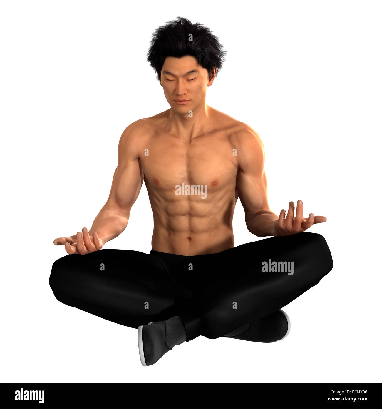 3D render digitale di un giovane uomo asiatico che esercitano lo yoga isolati su sfondo bianco Foto Stock