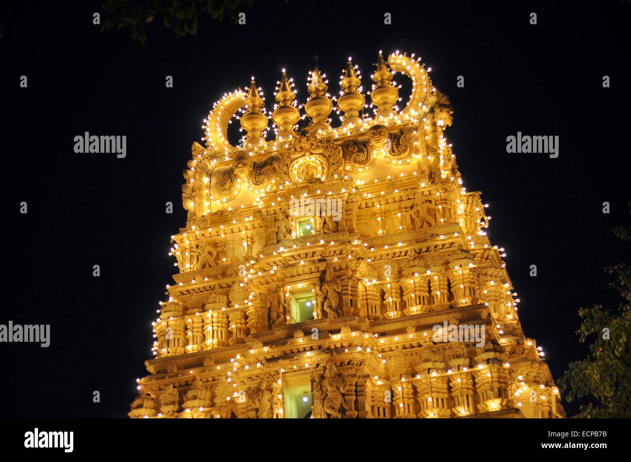 Swami Trinesvara Tempio è illuminato con migliaia di lampadine di notte a Mysore Palace, India Foto Stock
