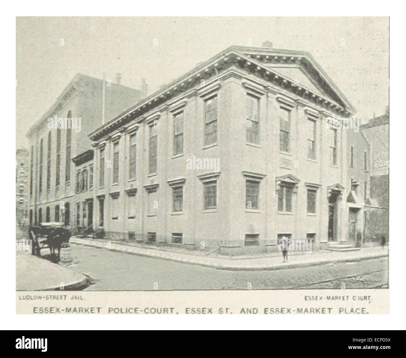 Questa illustrazione del 1893 del *King's New York City* raffigura il tribunale di polizia di Essex-Market situato in Essex Street e Essex-Market Place, che riflette gli edifici pubblici e giudiziari di New York del XIX secolo. Foto Stock