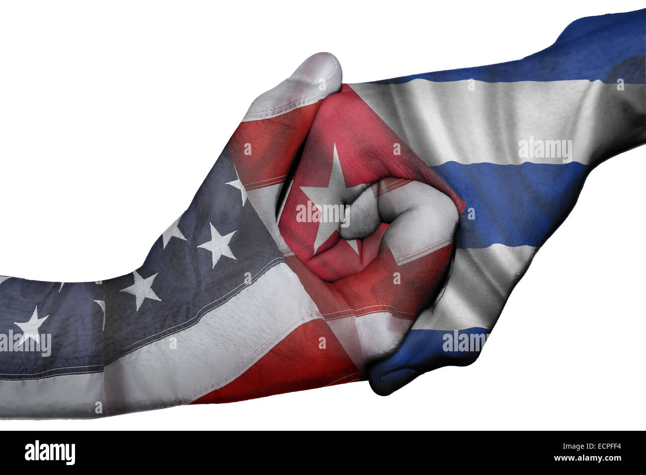 Handshake diplomatiche tra paesi: bandiere di Stati Uniti e Cuba sovradipinta le due mani Foto Stock