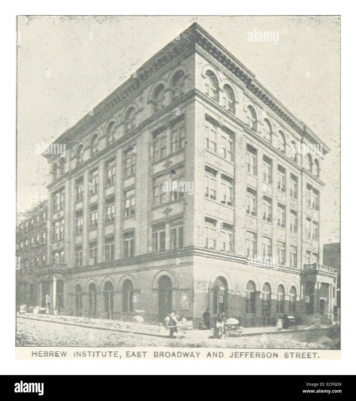 Questa illustrazione del 1893 di King presenta l'Hebrew Institute situato a East Broadway e Jefferson Street a New York City, concentrandosi sull'architettura e il significato culturale dell'edificio. Foto Stock