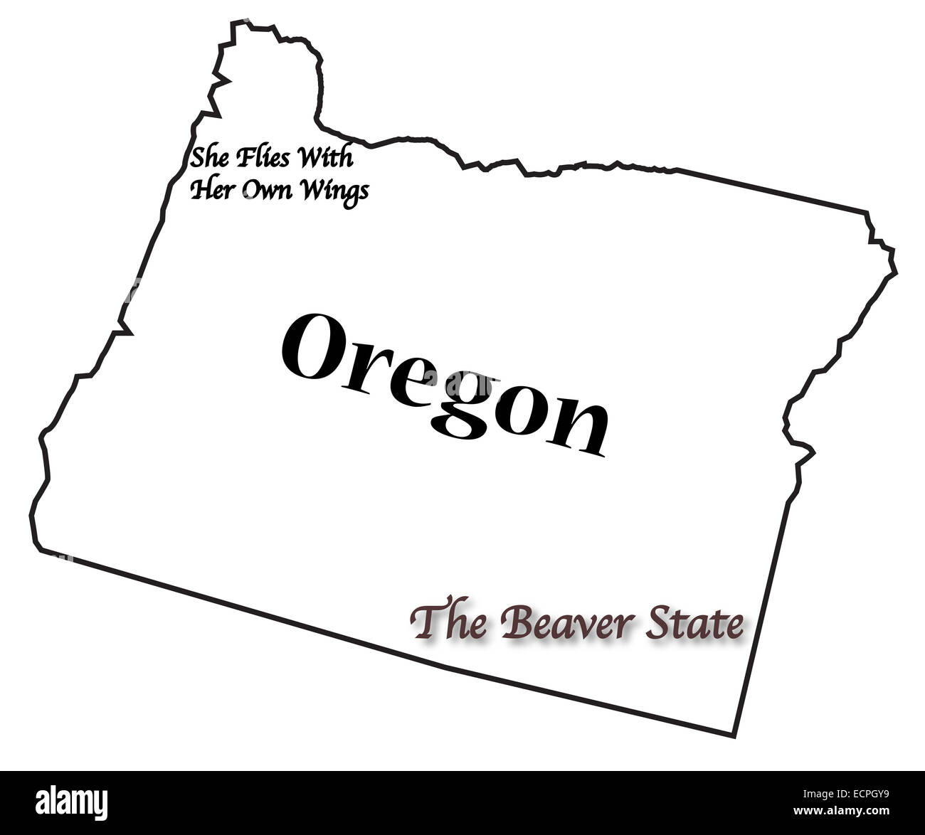 Un Oregon state delineare con lo slogan e motto isolato su uno sfondo bianco Foto Stock