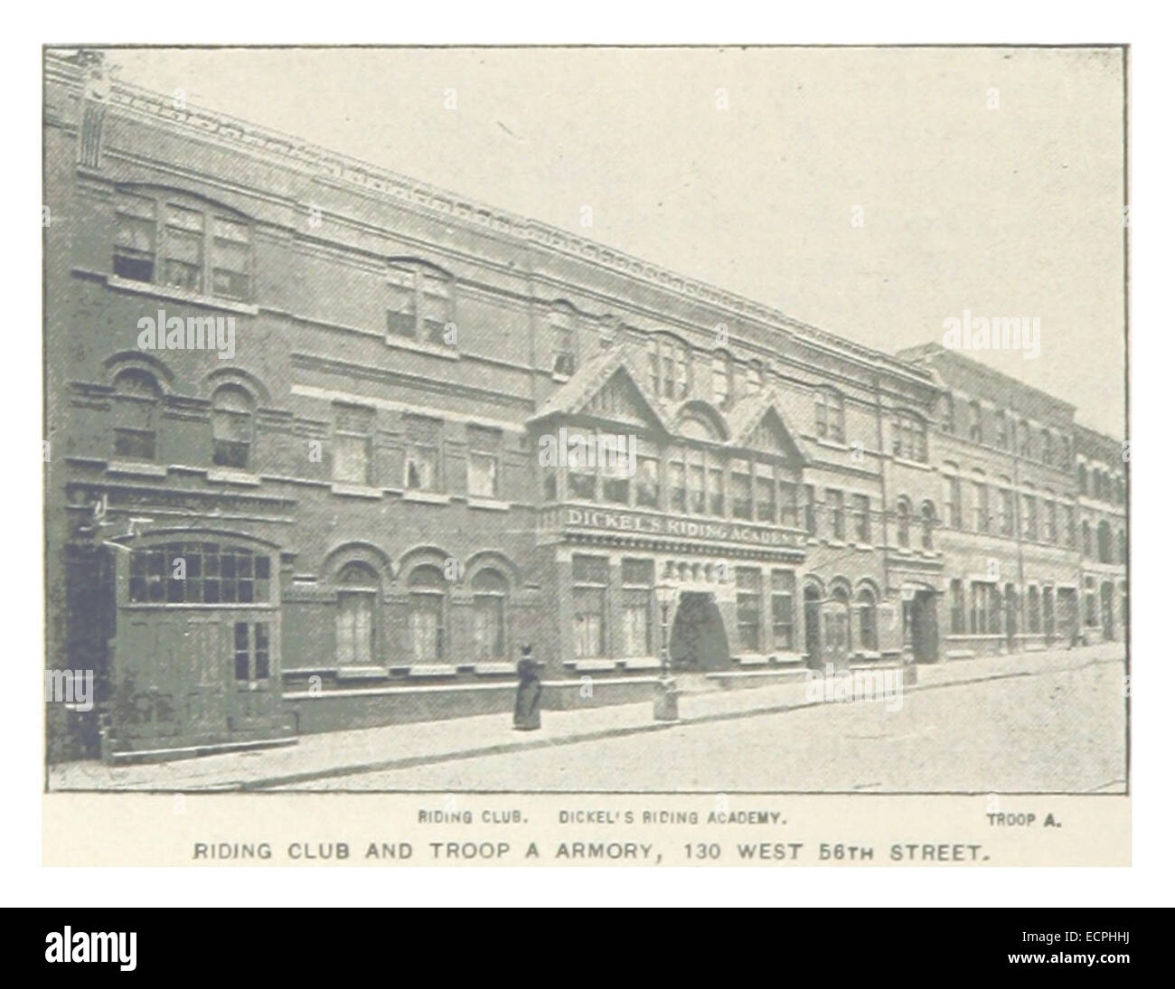 Una rappresentazione del 1893 del Riding Club and Troop A Armory al 130 West 56th Street a New York City, una struttura per l'addestramento equestre e le esercitazioni militari. Foto Stock