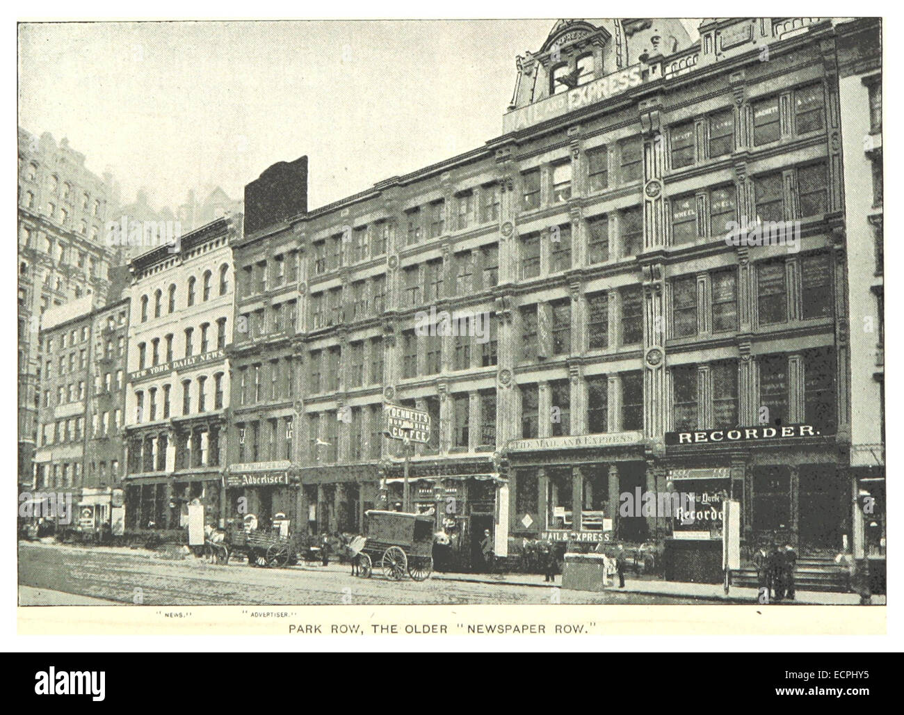 Questa illustrazione del 1893 tratta dalla serie King's New York City mostra lo storico giornale Row, il centro dell'editoria di giornali in città durante il XIX secolo. Foto Stock