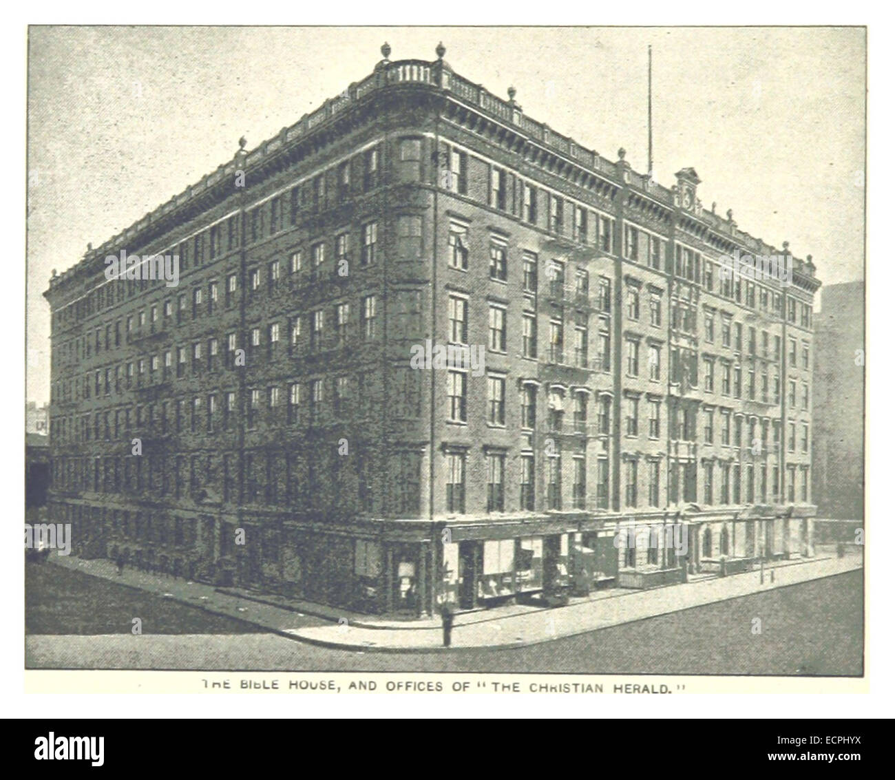 Un'illustrazione del 1893 tratta dal lavoro di King, che mostra la Casa della Bibbia e gli uffici del Christian Herald a New York City. L'immagine evidenzia le caratteristiche architettoniche e il significato culturale di questo edificio storico. Foto Stock