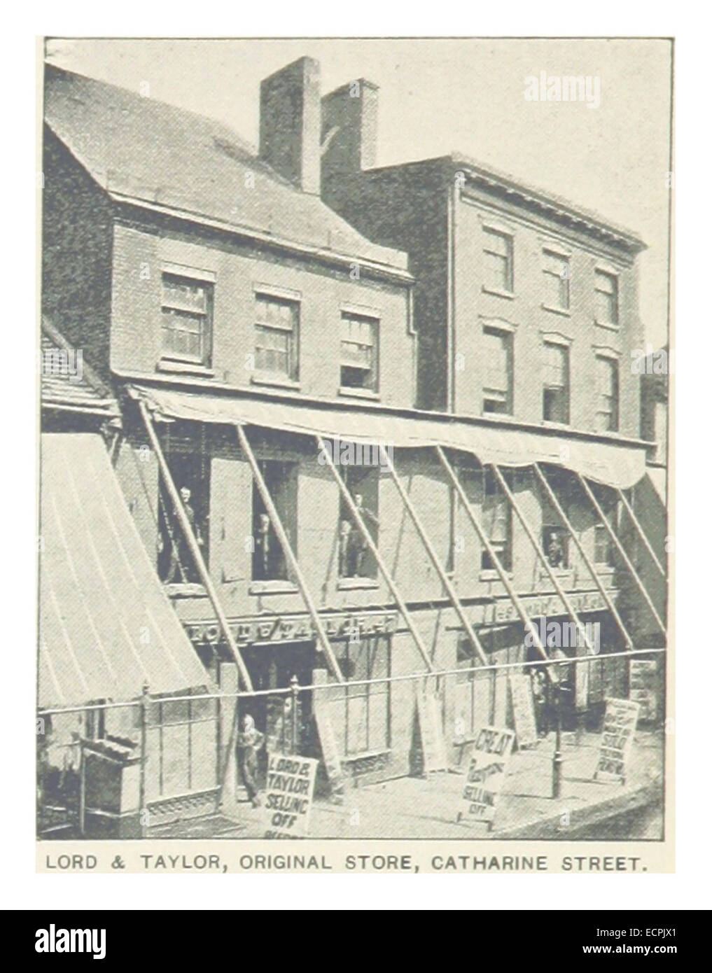 Questa immagine del 1893 tratta dalla pubblicazione di King mostra il negozio originale Lord & Taylor situato in Catharine Street a New York City. L'illustrazione mette in evidenza l'architettura dell'edificio e il ruolo dei primi negozi nella storia commerciale della città. Foto Stock