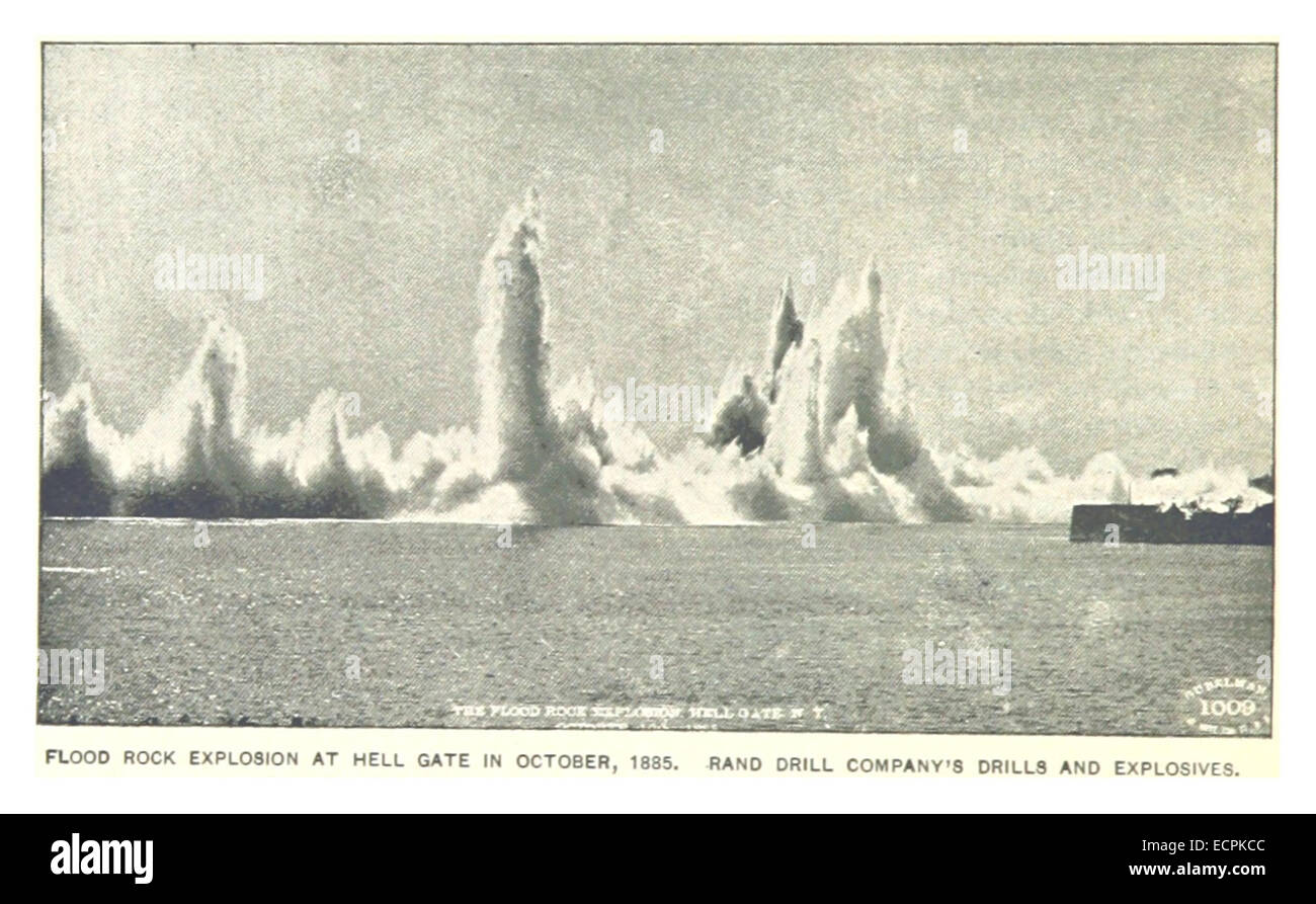 Questa illustrazione del 1893 raffigura l'esplosione a Flood Rock a Hell Gate, New York, nell'ottobre 1885, causata dagli esplosivi della Rand Drill Company. L'esplosione fu un evento significativo nella storia della regione per la navigazione fluviale e lo sviluppo delle infrastrutture. Foto Stock