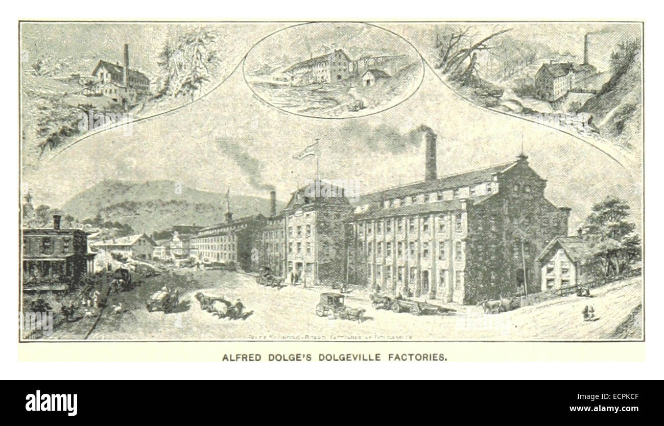 Un'illustrazione di King1893NYC, pagina 947, raffigurante le fabbriche di Dolgeville di proprietà di Alfred Dolge. Queste fabbriche furono fondamentali per lo sviluppo della produzione industriale a New York durante la fine del XIX secolo. Foto Stock