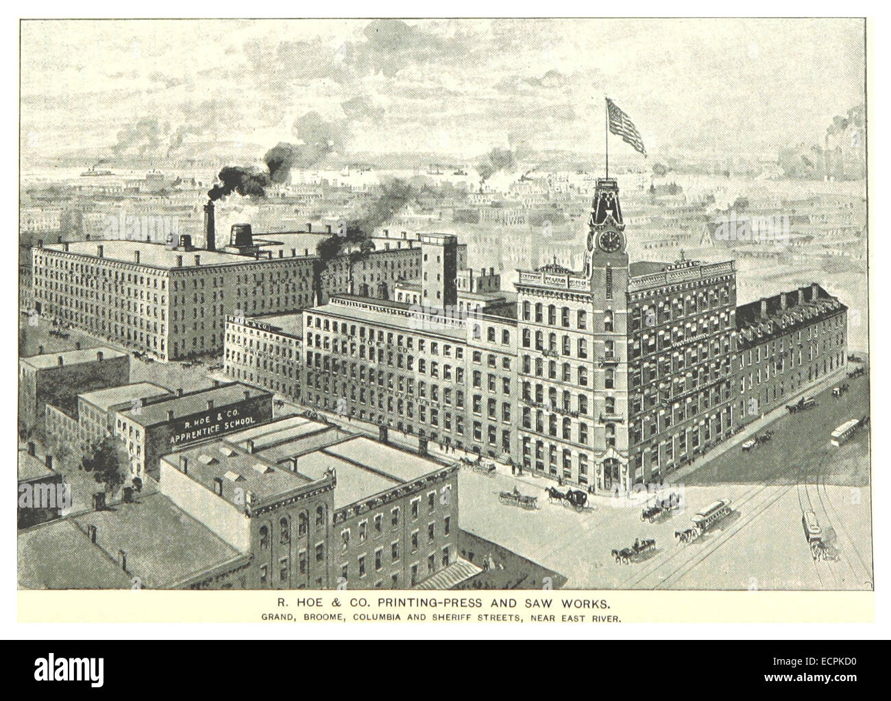 Un'illustrazione tratta dalla pubblicazione del 1893 che mostra la R. Hoe & Co. Printing Press and Saw Works, situato vicino a Columbia e Sheriff Street a New York. L'azienda era nota per le sue innovazioni nel settore delle macchine da stampa. Foto Stock