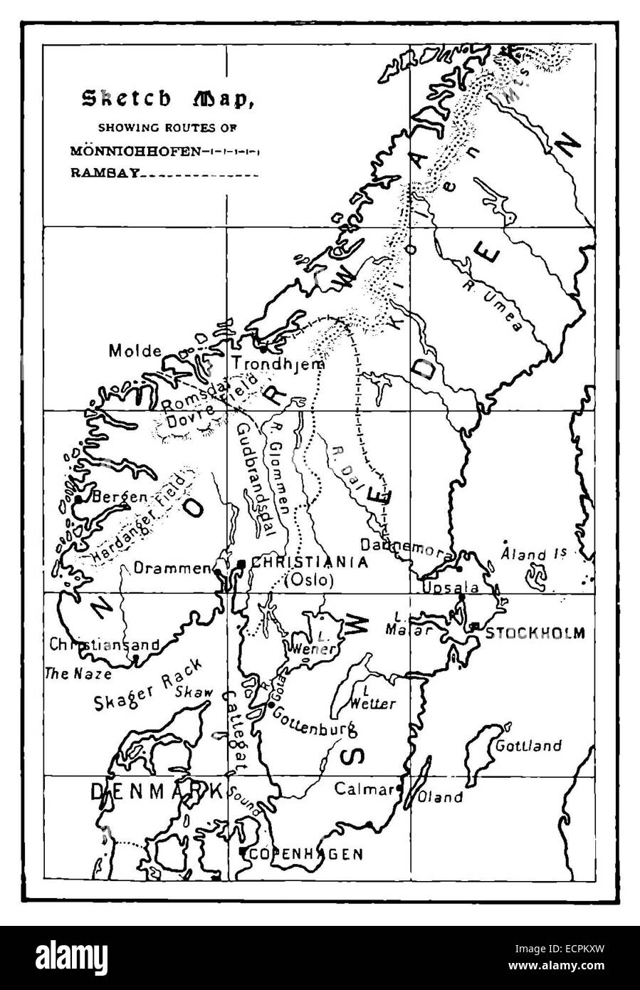 Questa mappa delinea il percorso di una spedizione, probabilmente descrivendo dettagliatamente il suo viaggio e le posizioni chiave incontrate durante l'esplorazione. La mappa funge da registro geografico dei progressi della missione. Foto Stock