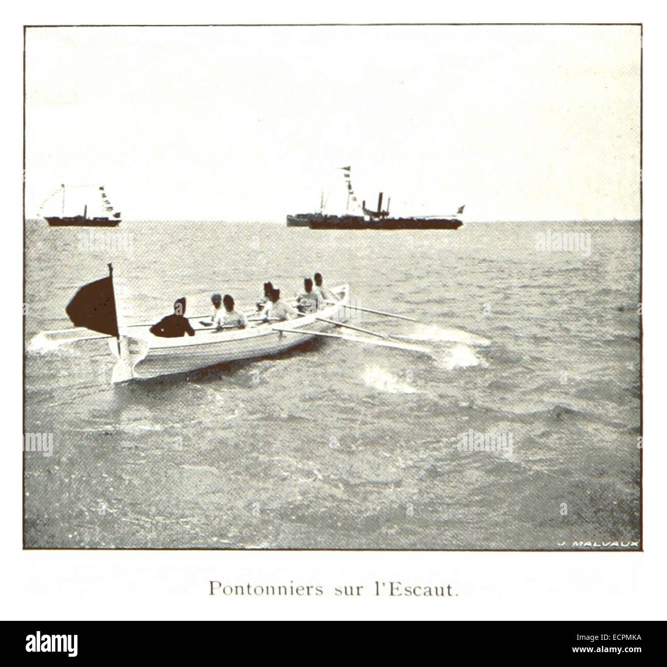 Questa illustrazione d'epoca cattura i pontonnieri (costruttori di ponti) che lavorano lungo il fiume Escaut. Mette in evidenza i loro sforzi per costruire o riparare ponti, un aspetto critico delle infrastrutture nel XIX secolo. Foto Stock