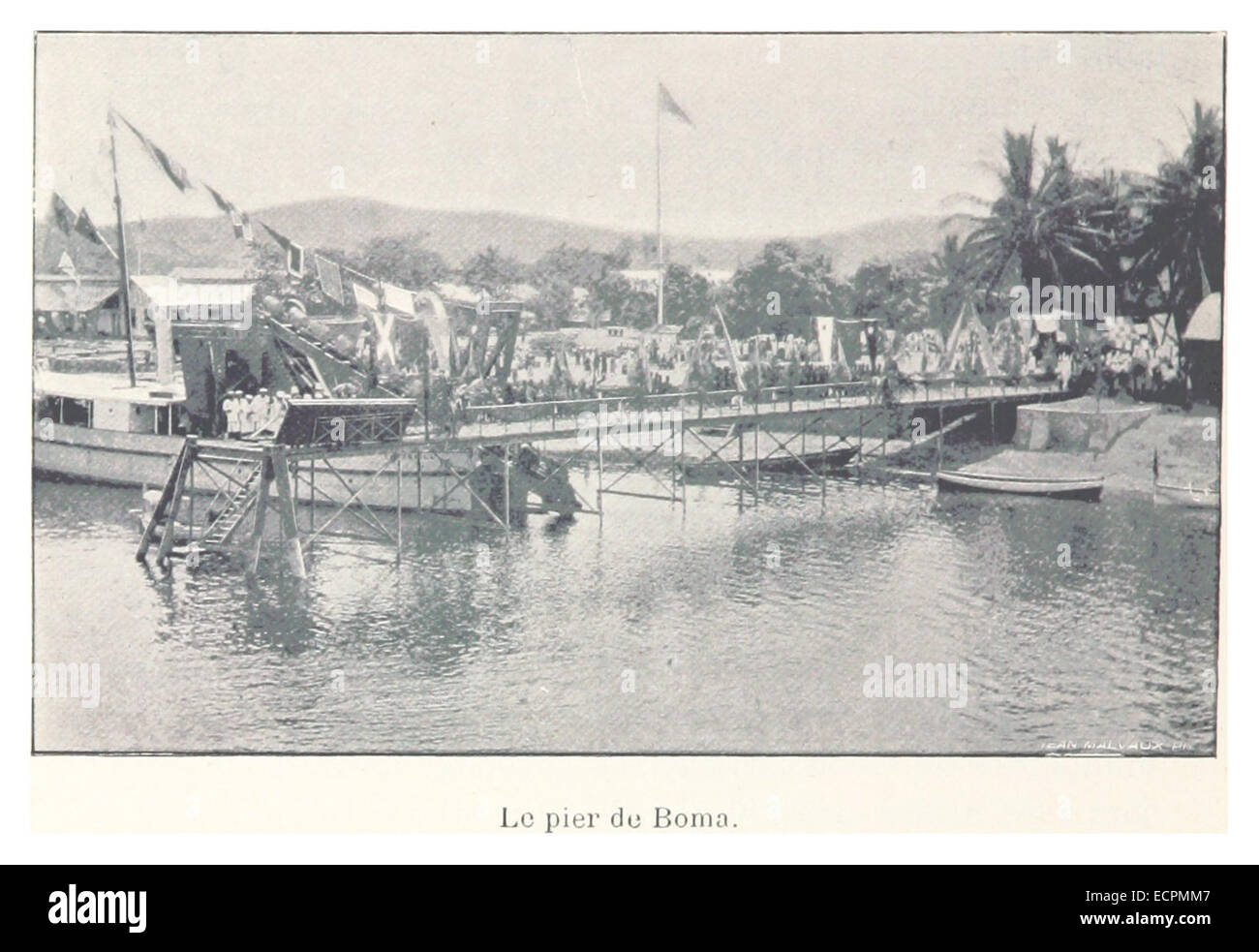 Un'illustrazione del molo di Boma, una città portuale nella Repubblica Democratica del Congo, che cattura la struttura del porto e l'attività marittima. L'opera riflette l'importanza di Boma nel commercio della regione durante il XIX secolo. Foto Stock