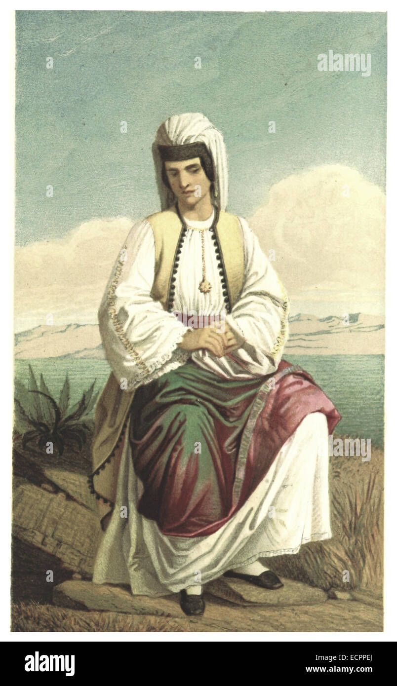 Questa immagine presenta una raffigurazione di una nobile donna montenegrina. L'illustrazione si concentra sul suo abbigliamento e sul suo status sociale nel contesto del Montenegro del XIX secolo, mostrando l'abbigliamento regionale e il significato culturale. Foto Stock