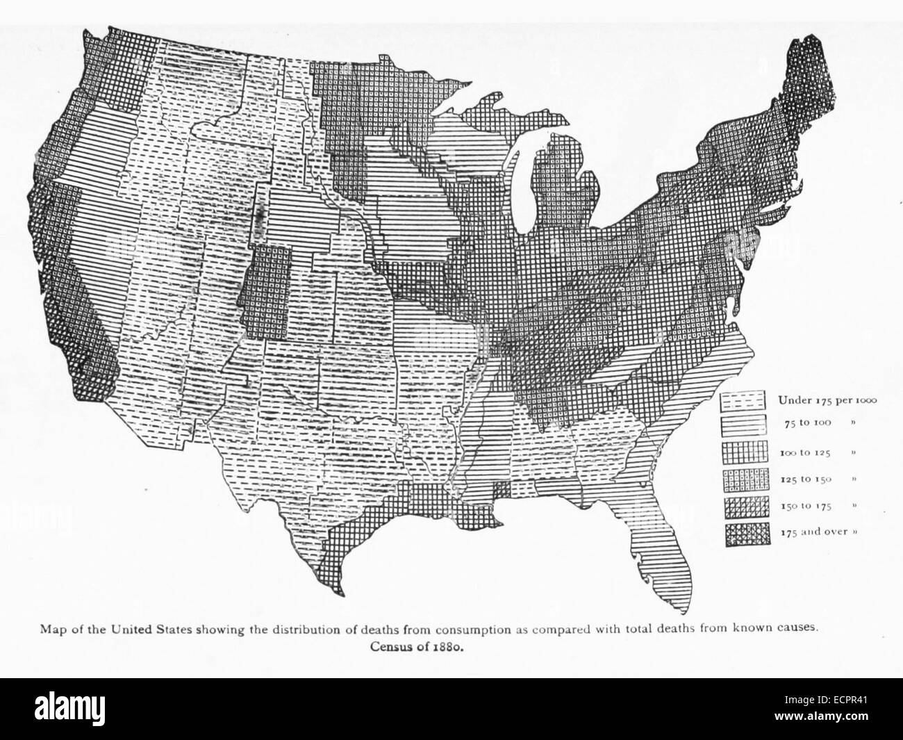 Questa mappa del rapporto 1887 AL mostra i tassi di mortalità per consumo (tubercolosi) negli Stati Uniti come registrato nel censimento del 1880, evidenziando le tendenze sanitarie regionali. Foto Stock