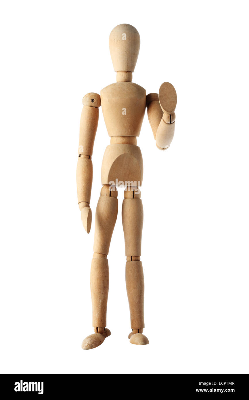 Vecchio manichino manichino di legno simile monaco smettere di agire isolato su bianco Foto Stock