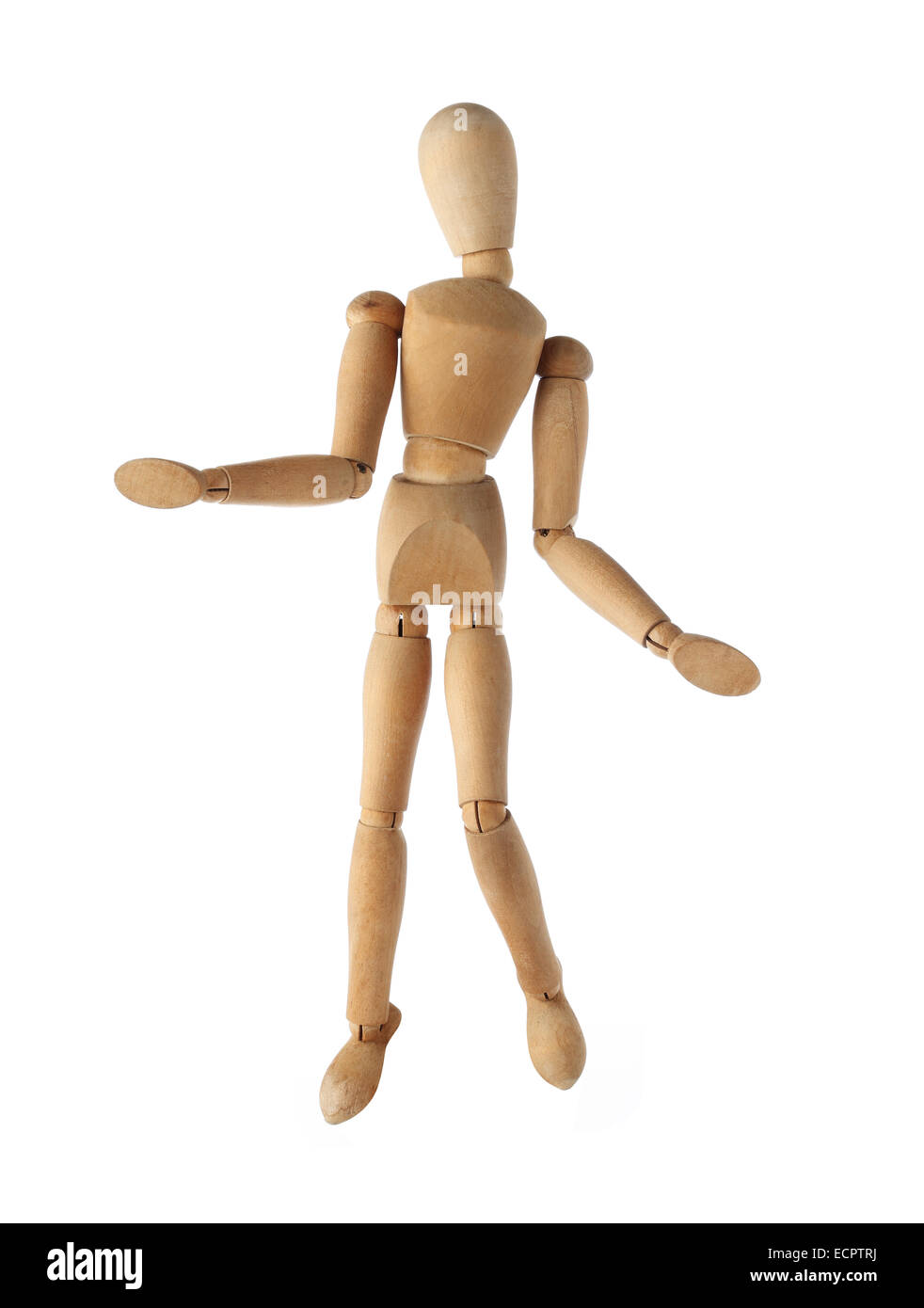 Vecchio manichino manichino di legno sorpresa o si sospetta di un agente post isolato su bianco Foto Stock