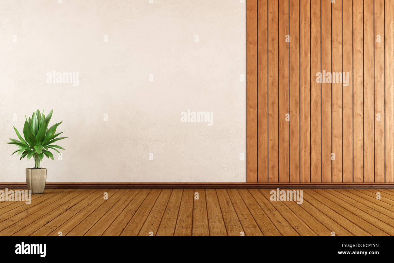 Stanza vuota con pannelli di legno e muro bianco - 3D Rendering Foto Stock