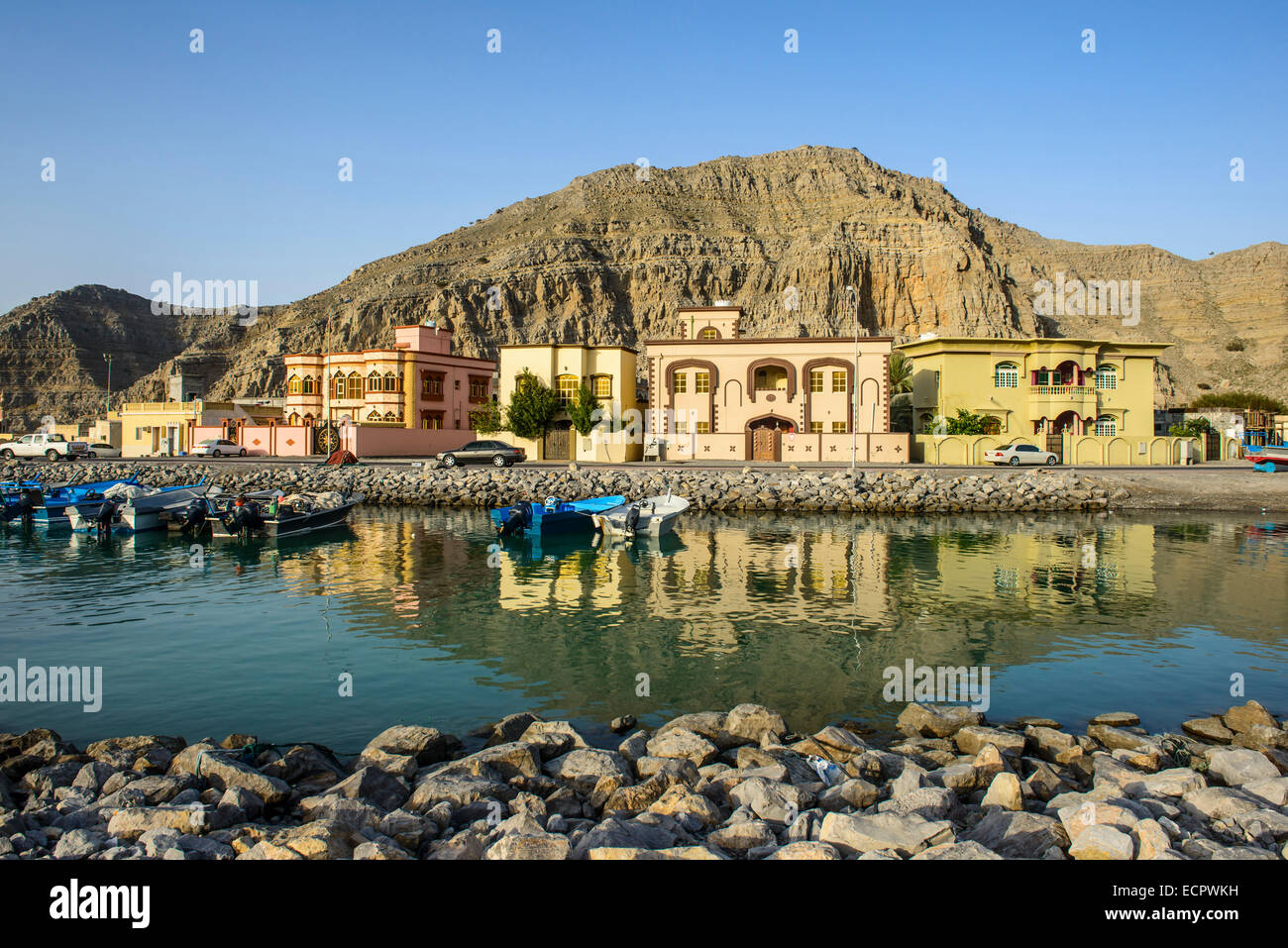 Case sull'acqua, Khasab, Musandam, Oman Foto Stock