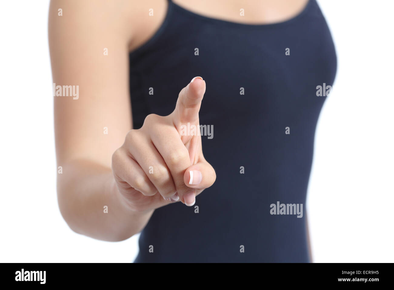 In prossimità di una donna informale mano un controllo pulsante virtuale isolato su uno sfondo bianco Foto Stock