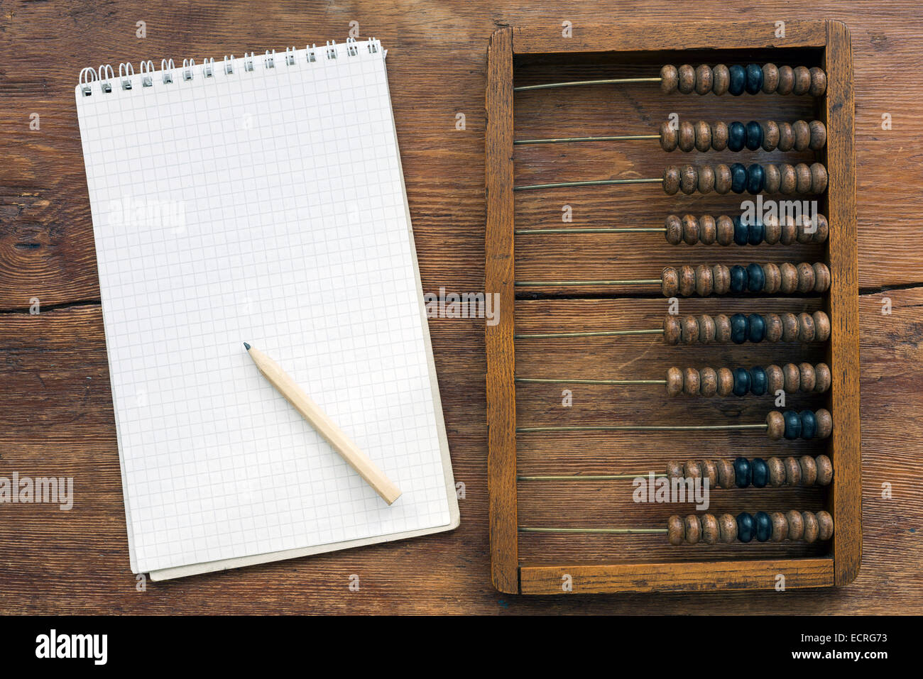 Abacus e note sul vintage tavolo in legno Foto Stock