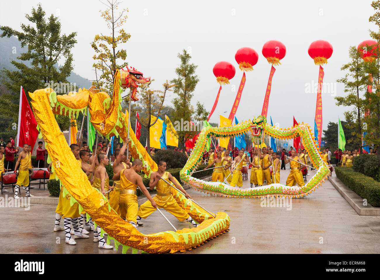 Dragon Dance Kung Fu team durante la cerimonia di apertura di Zhengzhou International Wushu Fetival in DengFeng, Henan, Cina 2014 Foto Stock