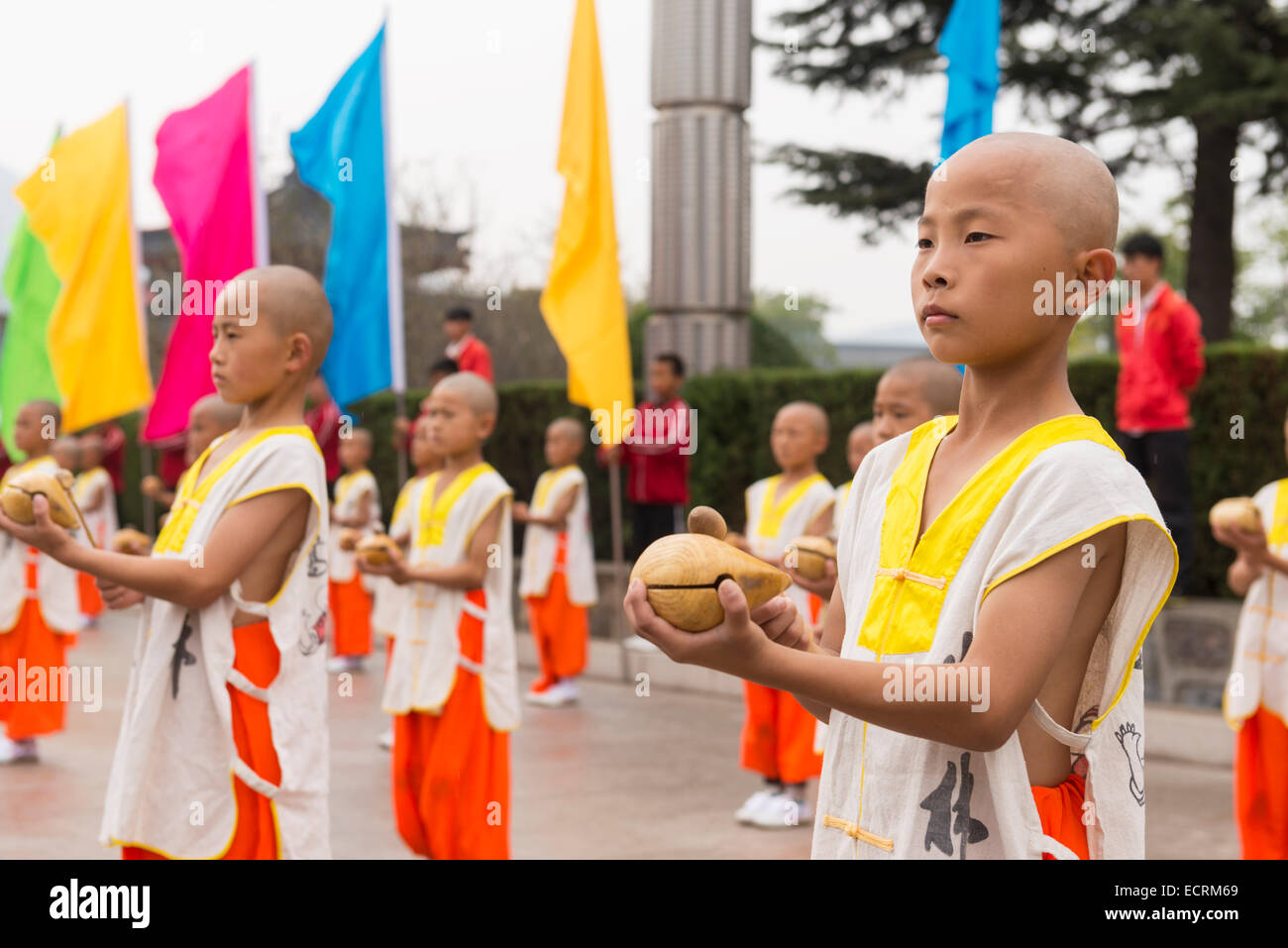 Giovani Kung Fu gli studenti con i fusti di legno durante la cerimonia di apertura di Zhengzhou International Wushu Fetival in DengFeng, Henan Foto Stock