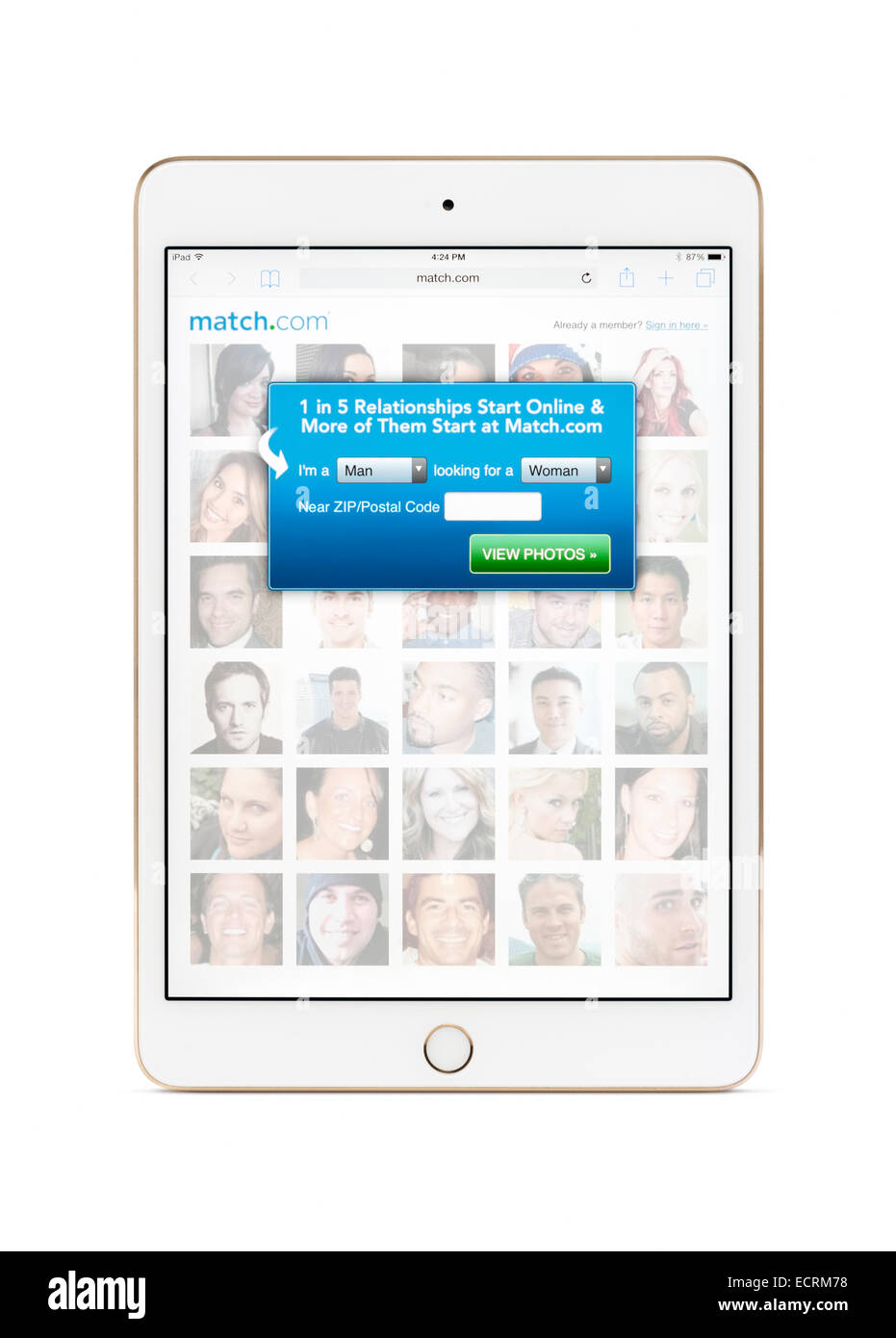 Sito di Dating match.com schermata Registrazione su iPad Apple tablet mini display. Isolato con percorso di clipping su sfondo bianco. Foto Stock