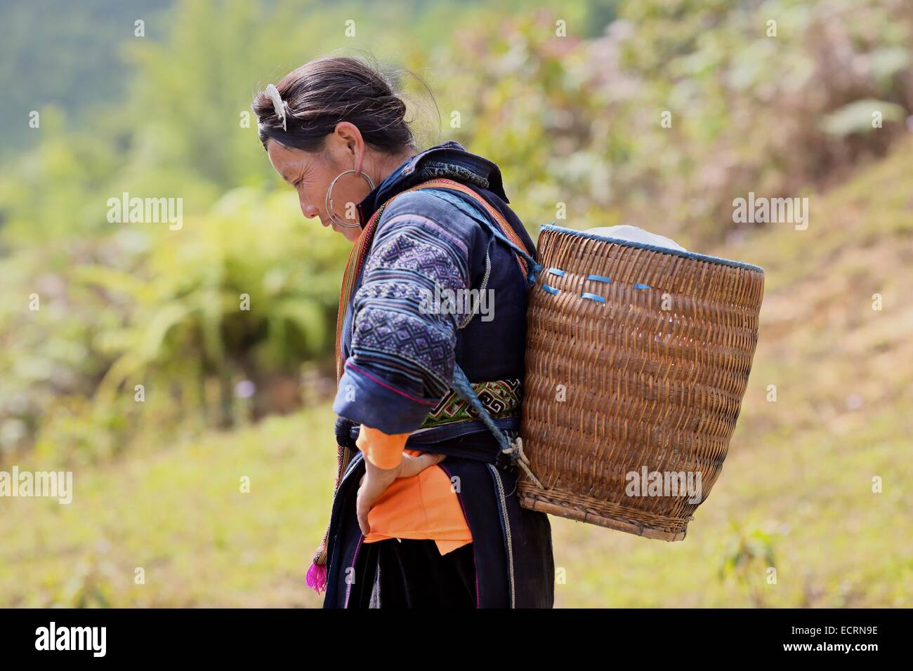 Una donna Hmong che porta i suoi prodotti sulla strada per il mercato a Sapa Foto Stock