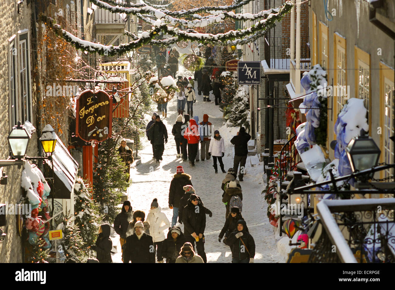 Gli amanti dello shopping nella Vecchia Quebec durante la stagione delle vacanze Foto Stock