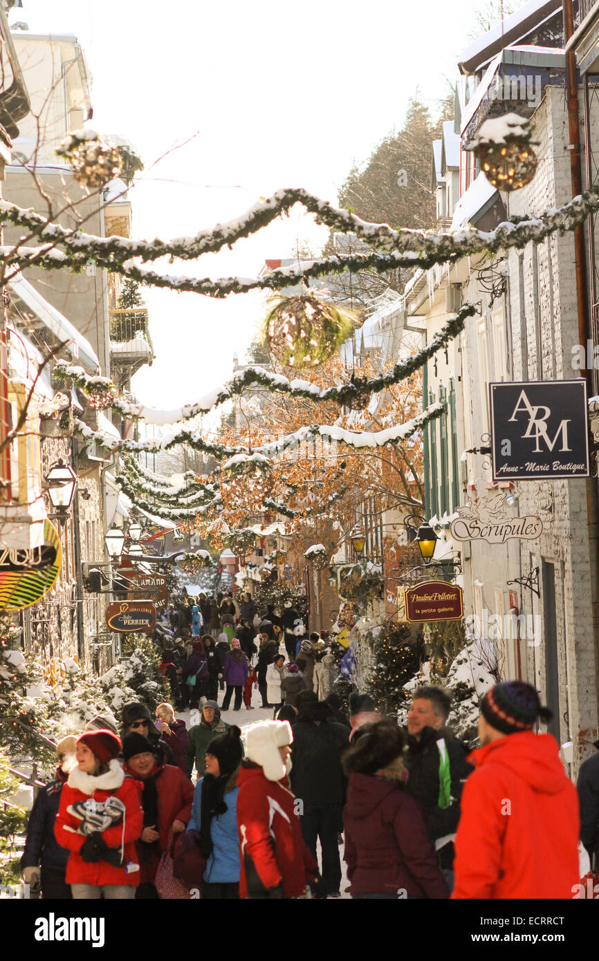 Gli amanti dello shopping nella Vecchia Quebec durante la stagione delle vacanze Foto Stock