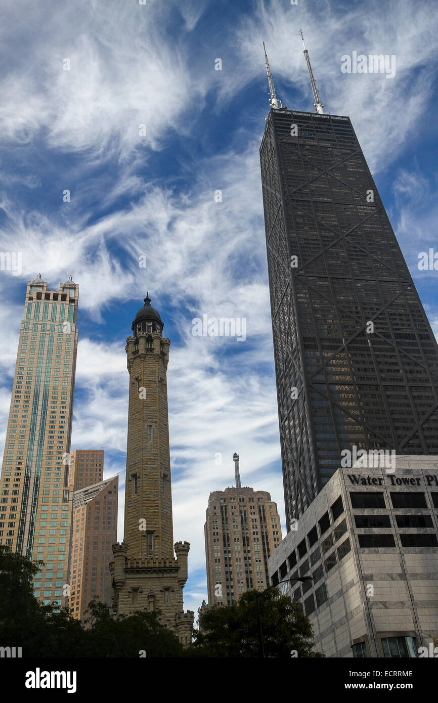 Chicago Water Tower, John Hancock Center e altre architetture di Chicago Foto Stock