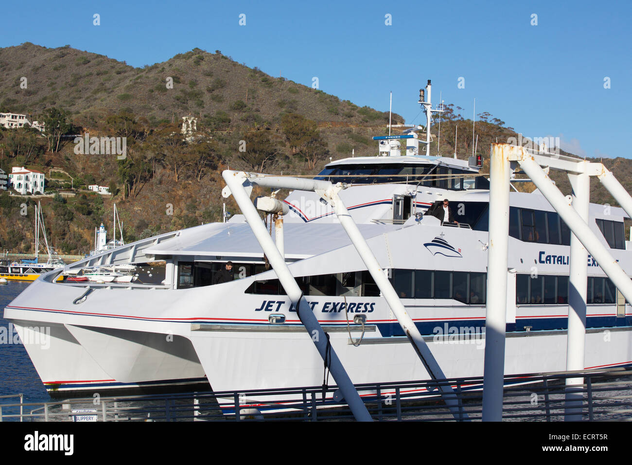 Catalina Express SeaCat traghetto in partenza da Avalon, isola Catalina per Long Beach, California. Foto Stock